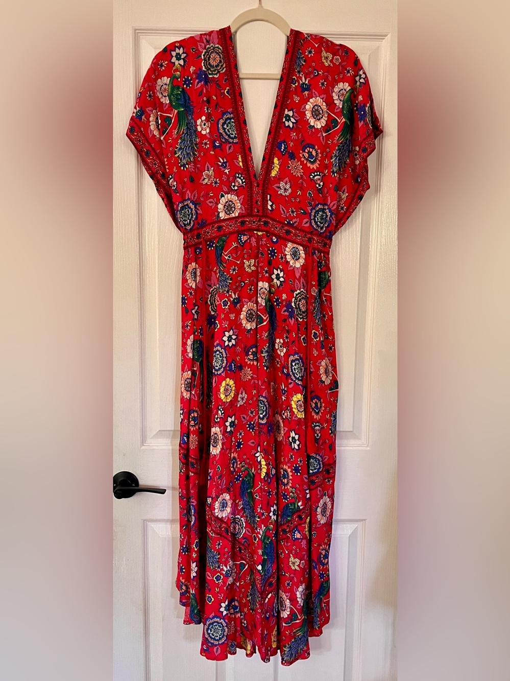 NWT Red Floral Maxi Dress with Peacock Print